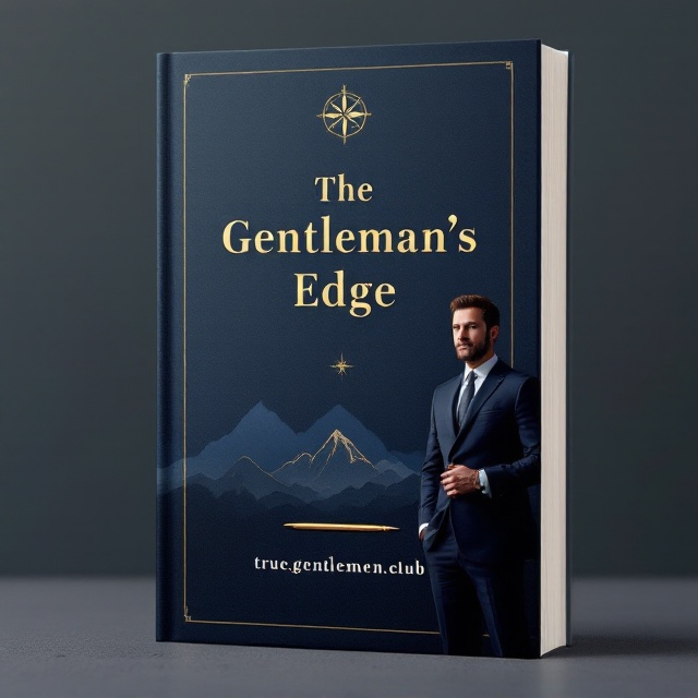 A confident man in a sharp tailored suit stands in a subtle three-quarter profile on the right side against a deep navy textured background. Behind him, in ghosted detail and gold foil accents, a minimalist compass and mountain peak blend softly into the textured backdrop. A gold pen is subtly placed horizontally under the title to symbolize legacy.