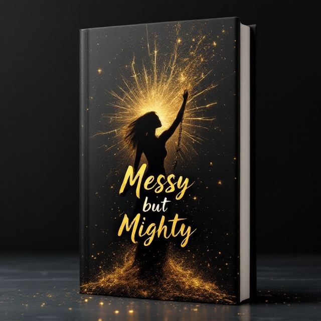 A strong, confident woman standing at the center of the cover, breaking gold chains with glowing energy radiating outward. The woman’s silhouette is intricately detailed, with gold dust and sparkling gold sparks flying in all directions, symbolizing resilience and personal growth. Black dominates the background, with a subtle textured gradient that transitions from jet black at the edges to a slightly illuminated dark sheen near the center, accentuating the glowing aura around the character. Behind her, faint cracks and lines resembling shattered glass create a sense of overcoming chaos. Subtle stars dot the upper half of the cover, adding a celestial and transformative element to the design.