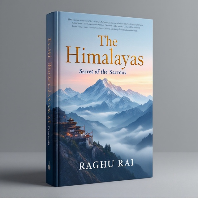 A sublime photograph of the Himalayan mountain range stretching across the cover, taken during sunrise or sunset, with soft, warm hues of orange and pink merging into the blues of the peaks. Silhouettes of fluttering prayer flags or a sacred monastery tucked into the mountain can be included subtly in the corner foreground. The image gives the impression of untouched serenity and sacred mystery. The mist or clouds envelop the base of the mountains, enhancing the mystic and secretive feel.