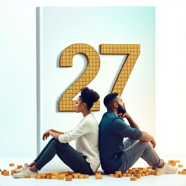 A thoughtful scene featuring a white woman and a black man sitting back-to-back on a gradient background transitioning from soft pastel blue to white. The figures appear in deep thought, as though reflecting on life. The number "27" is bold, large, and semi-transparent behind them, constructed visually with golden blocks (representing building blocks and foundations). These blocks are slightly scattered beneath the figure to convey "lessons" and "mantras" as stepping stones.