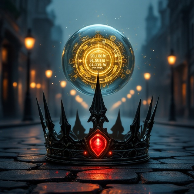 The cover showcases a central image of the Epoch Crown, a matte black iron crown with sharp, gothic spikes and a glowing ruby at the front that resembles an ominous eye. The crown rests in the foreground upon a cracked cobblestone street. Behind it, the intricate gold and glass time machine sphere hovers faintly, casting a soft, ethereal glow. Through the glass, golden cog wheels turn visibly, and the digital display reads “01.03.1810, 51.05072 N, 0.1276 W” in sharp, glowing text. The background features the shadowy, fog-laden silhouette of 1800s London, with gaslamp-lined streets and faint outlines of tall Victorian buildings. Deep blues dominate the overall color scheme, fading into black with subtle touches of gold emitting a magical warmth from specific elements (like the glowing ruby and time machine). Wisps of steam dance across the scene for a steampunk edge.