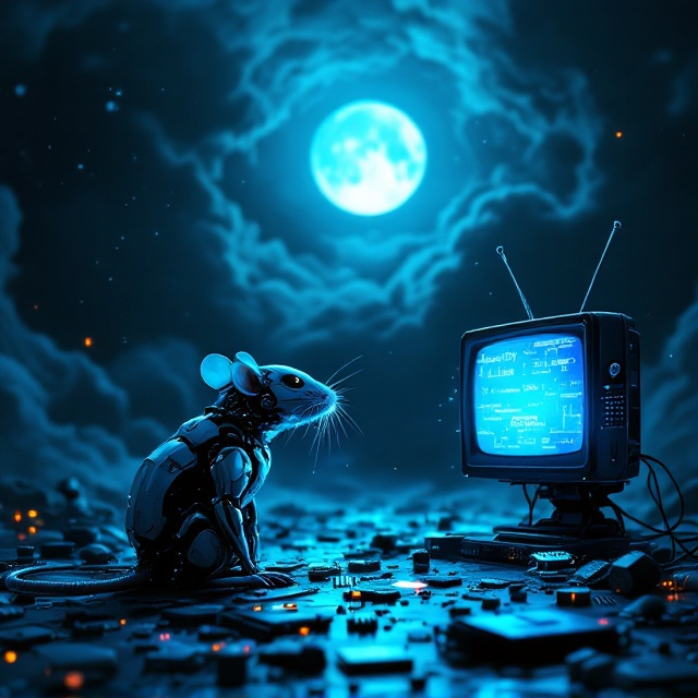 A dark, textured night sky in vivid shades of deep blue and black, with a glowing full moon representing an artificial source of light. In the foreground, a robotic rat with sleek metallic plating sits amidst scattered microchips, electronic wires, and technological debris, gazing up at a void-like space. Off to the right of the rat, a flickering, glitchy television screen casts neon-blue light onto the scene, surrounded by small hovering cameras. Scientific schematics and formulas faintly overlayer the background, as if projected holographically.