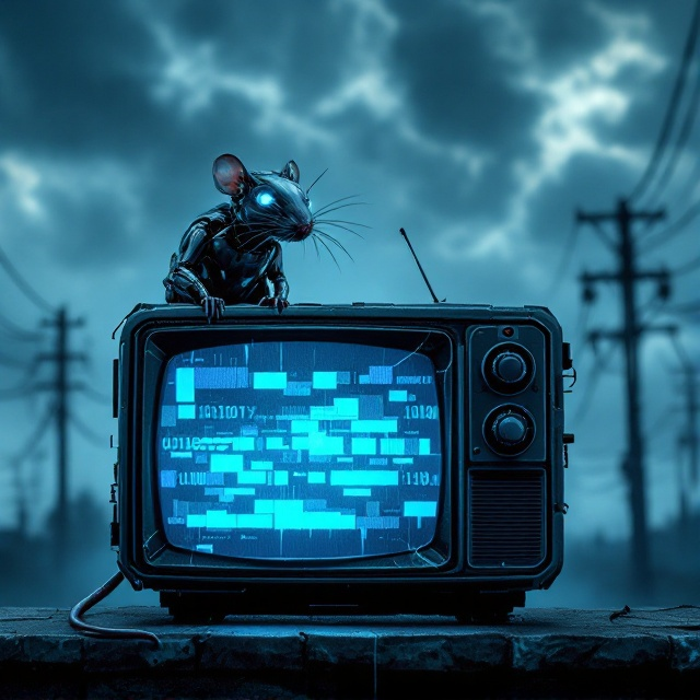 A robotic rat with glowing blue eyes and a sleek metallic body is positioned in the foreground, perched on a cracked, old-fashioned television set sputtering with techno-glitches—flickers of neon blue, green, and pink blocks. The screen of the TV casts an eerie blue glow onto the rat and nearby elements. A cloudy night sky occupies the background with faint, ghostly tendrils of mist twisting through jagged silhouettes of electric poles and wires. Binary code subtly overlays the edge of the cloudy sky, blending with the atmosphere. The overall aesthetic is dark, eerie, and infused with technological elements to heighten the feeling of isolation.