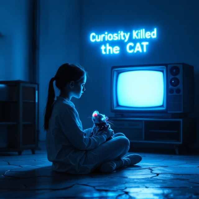 The background is a dimly lit futuristic living room with cool blue tones dominating the color palette. The young girl sits on the floor, facing an old-fashioned, glowing television screen. The screen casts an eerie blue light that illuminates her pale face. In her arms, she cradles a sleek, metallic robotic rat, its glowing eyes staring back at the viewer. The walls of the room are bare, giving a sense of isolation. The floor beneath her shows cracks, and a faint digital glitch effect overlays the edges, adding a sci-fi touch.