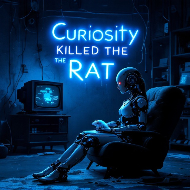 The cover features a dimly lit, futuristic living room with a cool blue, metallic ambiance. The robotic young girl sits on an old, creaky armchair at the lower-right corner of the frame. She is made of sleek, intricate metallic components with subtle glowing blue circuits. On her lap is a small white rat, its red eyes piercing through the muted tones. In front of her, an old CRT television emits static and faint distorted shadows, casting otherworldly blue light throughout the room. Enigmatic wires snake across the background, blending with the blue hues to create a cold and isolating atmosphere.