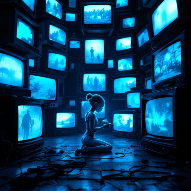standing book mockup, Its title is "Curiosity Killed the rat". Its author name is Feline Leenders.  A dimly lit room with screens stacked haphazardly across the entire cover, displaying various muted, static-filled images. At the center of the image, a robotic young girl, slightly glowing with blue undertones, kneels on the ground, clutching a small rat in her hands. Her expressionless face is illuminated by the eerie blue-white light of the television screens, casting soft shadows across her metallic skin. The background is dark, with a gradient of blue and black, giving a sense of depth and isolation. A sleek, minimalist sans-serif font for the title "Curiosity Killed the Rat" in glowing neon blue, placed near the bottom center of the cover. The author's name, "Feline Leenders," appears in a smaller size in white, slightly spaced apart and aligned at the bottom-right corner., The robotic young girl and the televisions occupy the central portion of the cover, creating a symmetrical focal point. The title is placed just below the stack of televisions, allowing it to harmonize with the image while leaving plenty of negative space for effect. The author’s name fits subtly in the lower portion to avoid detracting from the visual drama of the composition.