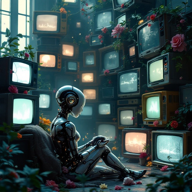 A robotic young girl with metallic and slightly translucent skin sits in a dimly lit room. She is holding a small rat in her delicate hands, looking at it with a mix of wonder and sadness. Surrounding her is a chaotic wall of retro-styled, stacked televisions, each turned on but showing static, faint glows, or odd distorted imagery. Bright, organic flowers—roses, lilies, and vines—grow across and around the televisions, contrasting the cold, synthetic feel of the rest of the room. A misty, otherworldly ambiance fills the air, with glowing dust particles visible in the shafts of faint light coming from narrow windows.