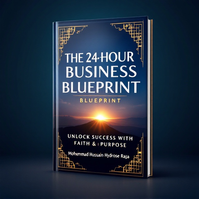 A radiant, subtle sunrise as the background blends into a deep blue gradient, symbolizing a new beginning and transformation. The title "The 24-Hour Business Barakah Blueprint" is centered in bold white capitalized typography, while the subtitle "Unlock Success with Faith & Purpose" is beneath it, in a slightly smaller, complementary golden font. At the bottom, the author's name, "Mohammed Hussain Hydrose Raja," appears in a clean sans-serif font. Elegant, gold Islamic geometric patterns subtly frame the margins, adding a spiritual and sophisticated touch.