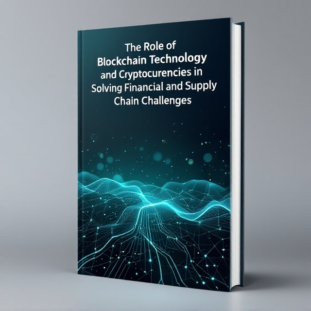 A sleek, minimalistic design featuring a stylized blockchain network as the focal image. Interconnected nodes and links fade into the background, creating depth and dimension. A subtle gradient in shades of blue, green, and metallic silver symbolizes innovation, technology, and trust, while a faint overlay of supply chain icons (like cargo, shipping containers, and coins) adds context. The overall feel is clean, professional, and tech-forward.