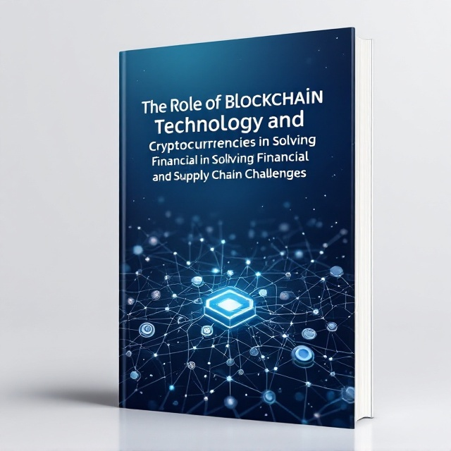 A futuristic design featuring interconnected blockchain nodes in gradient hues of deep blue, metallic silver, and teal spread across the background. The glowing lines between nodes resemble a tech-savvy network. At the bottom, a sleek image of a shipping container and digital currency coin illustrations (generic, non-branded) subtly fade into the composition, symbolizing supply chain and financial connections.