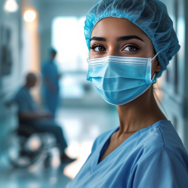 A close-up, hand-painted portrait of a young female healthcare worker wearing a blue surgical mask and medical scrubs. The background features a softly blurred hospital corridor with subtle silhouettes of an elderly patient in a wheelchair and a window letting in faint sunlight, symbolizing hope amidst struggle. The healthcare worker's eyes convey deep emotions—resilience, sadness, and compassion. A faint overlay of symbolic elements, such as faint fingerprints (to represent the personal connection) and a subtle heart monitor line fading into the edges of the cover, adds depth.