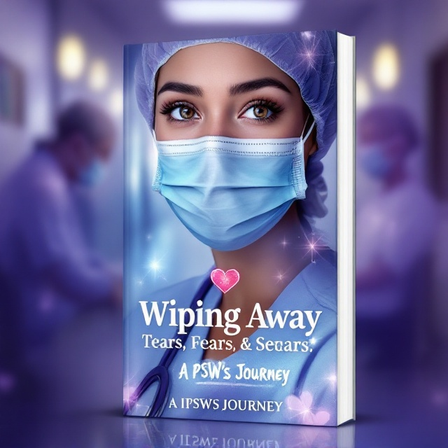 A close-up, highly detailed illustration of a young female healthcare worker in blue scrubs and a light blue surgical mask dominates the front cover. Her expressive eyes draw the viewer in, reflecting emotions of resilience, love, and sadness. The background is softly blurred and painted in muted purples with subtle hints of hospital corridors fading into an almost dreamy ambiance. Ghost-like silhouettes of an elderly patient seated in a wheelchair are faintly visible, adding context to the story. Soft light and shadows emphasize the emotional depth, while a small, glowing heart symbol is subtly integrated near the worker's chest, symbolizing compassion and care.