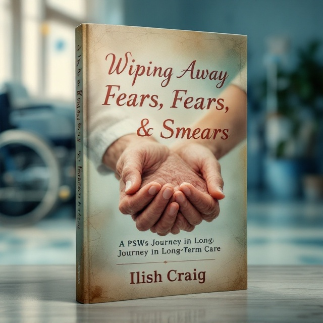 A close-up, color-rich image of an elderly hand being gently held by a younger hand occupies the center of the cover. The background offers a softly faded, blurred setting with subtle outlines of a hospital room — faintly visible details like a wheelchair and an IV bag help set the context without overwhelming the main image. The entire design features a light overlay of aged paper textures, with delicate scratches and sepia-toned gradients that evoke a sense of time and emotion.