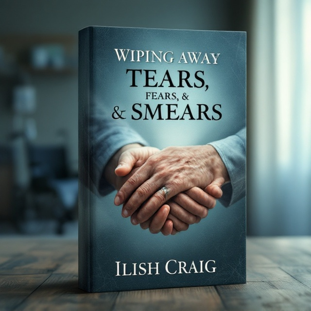 An elderly hand, with visible wrinkles and age spots, is gently held by a younger hand in the center of the cover, both illuminated by soft, natural light emanating from an upper-left corner. The background is a retirement home scene, artistically blurred out, subtly incorporating hospital elements like a faint silhouette of a wheelchair and a partially drawn curtain. Overlaying the background, there’s a barely perceptible texture resembling aged paper with light scratches, creating a somber yet warm atmosphere. The color palette is predominantly soft blue tones with hints of gray and white to evoke both calmness and emotional depth.