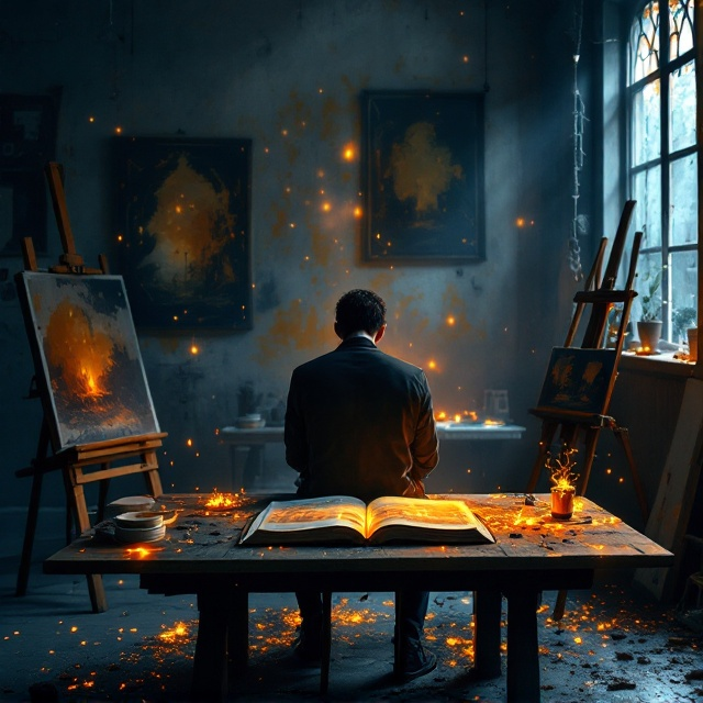 A lone figure (Aiden) sits on a wooden stool in a dimly lit studio. Surrounding him are half-finished paintings leaning against the walls and an easel to his side. On the wooden table prominently in front of him lies an old, worn book, with pages glowing faintly, and warm amber-colored embers softly drifting upward. The figure is positioned slightly to the left, creating a visual balance with the background on the right, where faint golden light spills through the outline of a mysterious bookshop window. Behind Aiden, faint brushstrokes and scattered ashes fade into the dark blue and charcoal background on the shadowed side.