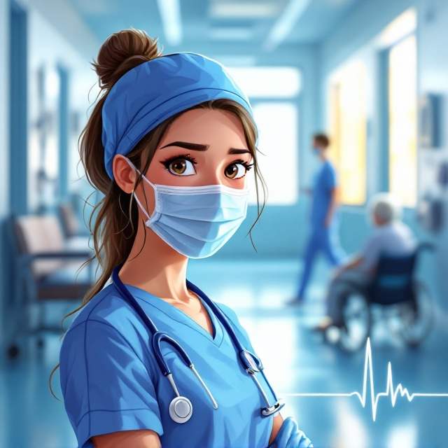 A close-up cartoon-style illustration of a young female healthcare worker in blue medical scrubs, gloves, and a surgical mask, standing slightly to the left of center. Her expressive eyes—resilient, sad, and compassionate—take center stage. A softly blurred hospital corridor forms the background, with faint silhouettes of an elderly patient in a wheelchair to the right and a window in the distance bathed in soft sunlight, symbolizing hope. Transparent overlays of fingerprints and a thin, fading heart monitor line frame the bottom-right corner, subtly integrating the themes of personal touch and medical care. The dominant color palette revolves around shades of blue with accents of soft white, yellow, and muted earthy tones.