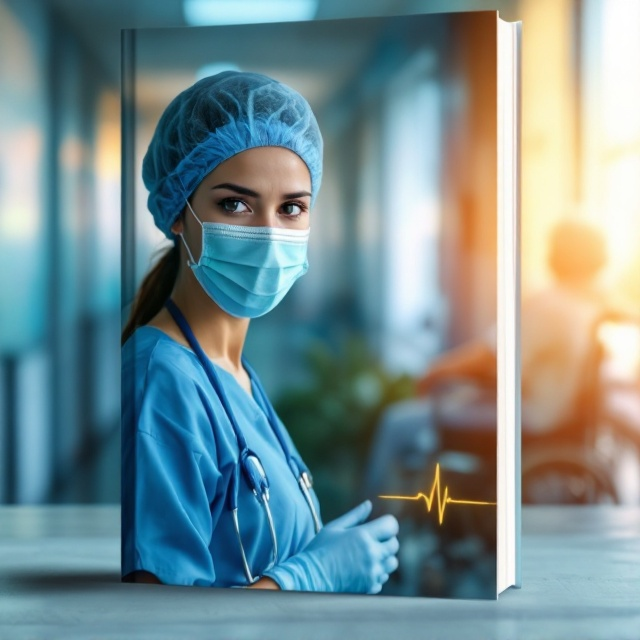 A close-up, finely detailed, lifelike photograph of a young female healthcare worker dominates the cover. She is situated slightly left of the vertical centerline, wearing blue scrubs, gloves, and a surgical mask. Her expressive eyes, full of compassion and sadness, are the focal point, staring directly at the viewer. The background is a softly blurred hospital corridor with warm, diffused lighting. To the right, a faint silhouette of an elderly patient sitting in a wheelchair, angled towards a window bathed in soft, golden sunlight, visually conveys hope and care. Overlays of subtle, transparent fingerprints and a fading heart monitor line are layered near the bottom-right corner.