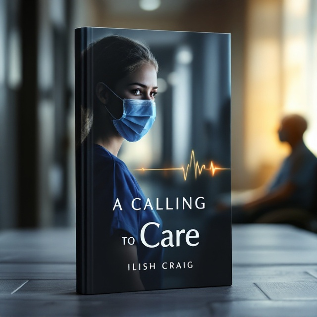 A close-up silhouette of a young female healthcare worker in blue scrubs, gloves, and a surgical mask is slightly left of the vertical centerline, set against a softly blurred hospital corridor. Her expressive eyes, filled with compassion and sadness, are the central focus. To the right, an elderly patient is seated in a wheelchair, silhouetted faintly against a warm, golden sunlight streaming through a window. Subtle overlays of transparent fingerprints and a fading heart monitor line are present near the bottom-right, adding a delicate layer of meaning. Black and white tones dominate, with soft golden highlights glowing on the edges of the figures for warmth.