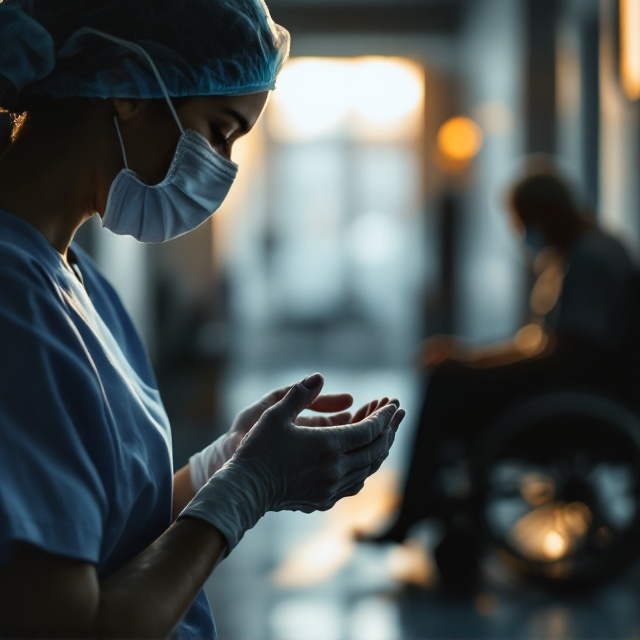A serene composition features a close-up silhouette of a young female healthcare worker's gloved hands gently cradling the frail, wrinkled hands of an elderly patient, symbolizing the tenderness and connection between them. The healthcare worker, dressed in blue scrubs and a slightly visible surgical mask, is positioned near the vertical center-left of the cover. Her expressive eyes, brimming with warmth and melancholy, are illuminated against the softly blurred hospital corridor bathed in muted black-and-white tones. To the right, faintly silhouetted in warm, golden sunlight, sits an elderly patient in a wheelchair, casting long, soft shadows. Transparent overlays of fading fingerprints and a subtle, thin, heart monitor line are integrated near the bottom-right for emotional resonance.