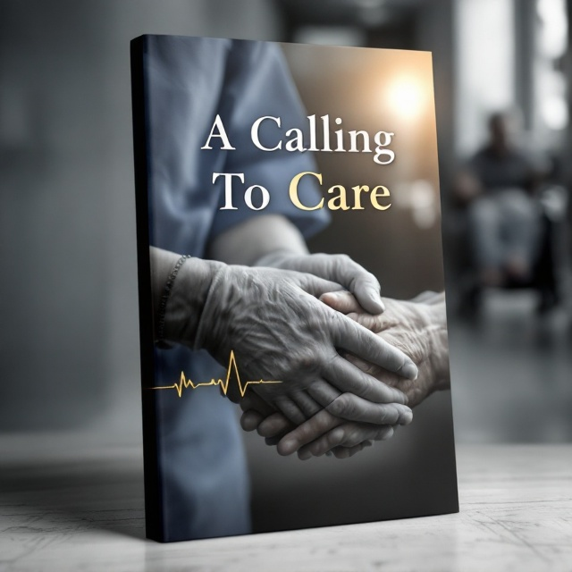 A poignant, emotionally charged cover features the close-up of a young female healthcare worker’s gloved hands cradling the frail, veined, and wrinkled hands of an elderly patient at the center of the cover. Her blue scrubs subtly blend into the muted black-and-white background of a softly blurred hospital corridor. Her eyes, filled with both warmth and sorrow, are positioned in the top-left quadrant of the cover, subtly catching attention. Fading fingerprints overlay the bottom-right corner seamlessly merging into a thin, golden heart monitor line in a visually pleasing juxtaposition with the beam of sunlight illuminating the elderly patient in a wheelchair near the cover’s right edge. The sunlight offers a soft glow, threading warmth into the somber grayscale tones.