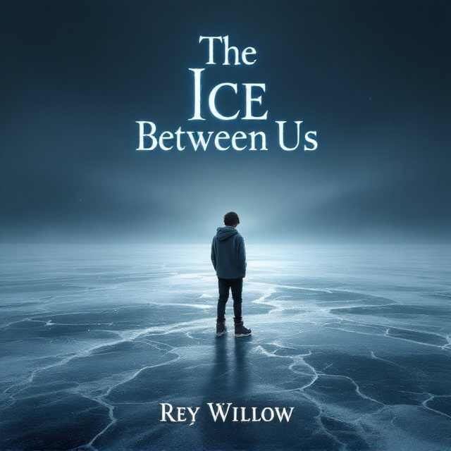 A lone boy stands on a vast, frozen expanse of ice with cracks subtly visible underfoot. He is wearing a simple hoodie and ice skates, positioned in the middle of the frame. The background is a dark gradient that transitions from deep indigo at the top, symbolizing night, to a misty gray near the horizon. Soft, diffused moonlight bathes the scene, casting faint but isolated shadows. Surrounding him is a chilling void, emphasizing loneliness. His head is tilted downward as he gazes at his skates. The atmosphere is cold and still, with hints of frost softly glowing in the moonlight.