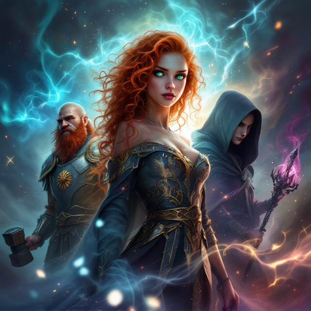 The cover features the half-elf girl with radiant red curly hair as the central figure, her enchanting emerald eyes glowing faintly with magic. She stands against a swirling, dreamlike backdrop of smoky blues, purples, and silvers, evoking a sense of mystery and fantasy. Below her, the old dwarf with a fiery red beard grips his hammer tightly, a determined and somber look on his face. The paladin, wearing polished silver armor bearing a golden sun symbol, stands on the left side, emanating an angelic aura of light. On the right, the young elf wizard lurks in shadows with a detached, otherworldly gaze, his intricate staff glowing faintly with runes. Wisps of magic curl through the entire composition, connecting the characters in a mystical fashion.