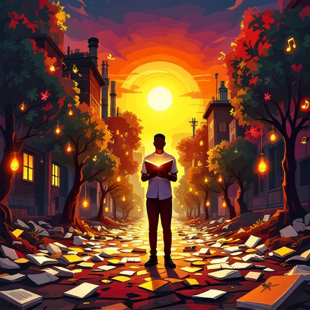 A vivid illustration showcases a Nigerian student standing at a crossroads, with one path littered with broken diplomas and faded Naira notes leading to a lifeless industrial zone of gray buildings and old classrooms. The other path is alive with vibrant colors—a winding, lush trail of books that transition into trees, their abstract leaves glowing with symbols of creativity like lightbulbs, musical notes, and small gears. The student stands at the center, in a modest school uniform, holding an illuminated open book that casts golden light upward onto their face. Above, the sky fades into bold African sunset hues of orange, gold, and deep purple, symbolizing hope and untamed potential.
