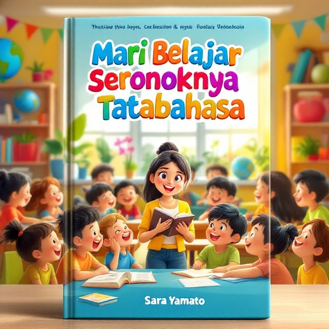 A lively, animated scene featuring a colorful classroom full of smiling children sitting at desks, enthusiastically learning together. The teacher, a cheerful young woman, is standing at the front with a book in hand, energetically guiding them. The background includes cheerful banners, shelves with books, globes, and bright windows letting in sunlight. The colors are vivid and playful, dominated by yellows, blues, and reds, creating a happy and engaging environment.