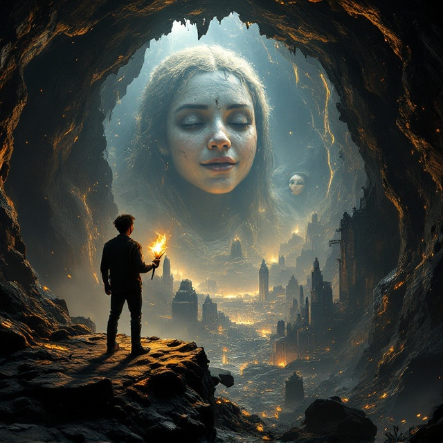 A young man (Reylan) stands in awe on the edge of a vast cavern, his silhouette illuminated by the golden-orange glow of his flickering torch. Below him lies a sprawling, ancient dystopian cityscape—rusted iron girders, fallen multistory buildings, broken glass, and burned, twisted vehicle frames stretching endlessly into the shadows. The cavern ceiling is barely visible, with glowing streaks of bioluminescent fungi dotting the rocky roof, enhancing the mysterious and awe-inspiring feel. In the background, a massive mural of cheerful faces peers through the decay, faded but still hauntingly vibrant. Dust particles hang visibly in the still air, capturing the desolation of lost civilization.