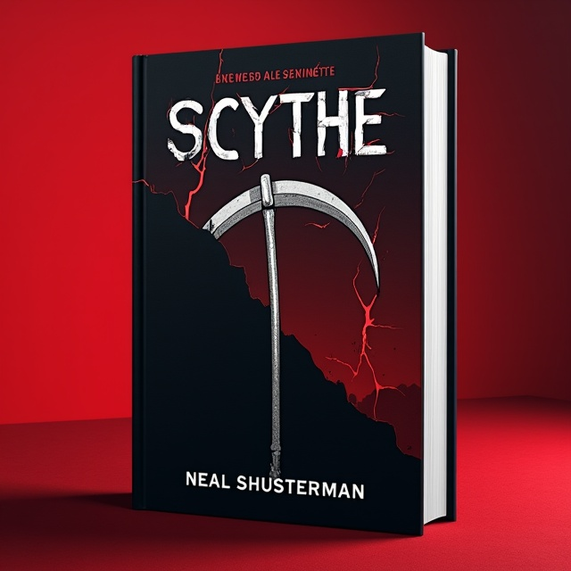 A shadowy scythe silhouette dominates the cover, illustrated in an angular, modern style with the blade slightly curved, casting a long shadow. The background is a gradient ranging from deep red at the bottom to black at the top, giving an ominous, dystopian vibe. Thin, sharp red streaks pierce the black portion, resembling cracks or lightning, adding tension. The edges of the cover are rounded, complementing the curved scythe blade.