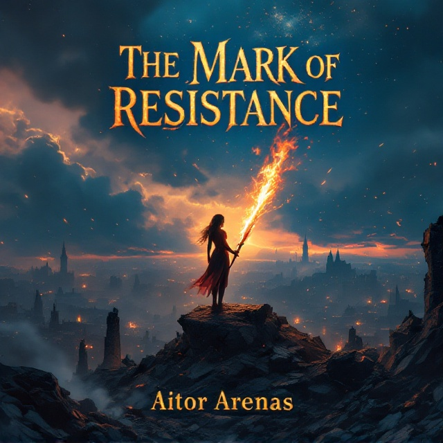 A sprawling city in ruins, seen under the glow of twilight. The rubble and remnants of a rebellion are vividly portrayed with crumbled towers and shattered statues. In the foreground, an 18-year-old girl stands atop a high platform or broken monument, her silhouette highlighted against a dark blue sky filled with streaks of distant fires and faint stars. She holds a flaming sword or banner, symbolizing rebellion and glory. Smoke and faint beams of light add an epic, dramatic tone.