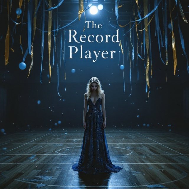 The cover depicts the interior of a dimly lit gymnasium adorned with torn blue and gold streamers hanging limply from the ceiling. Popping balloons scatter the glossy, hardwood floor, which reflects faint flickers of light from a single overhead fixture. In the foreground, a blonde girl with striking blue eyes stands, gazing downward, her expression distant and sorrowful. She is wearing a floor-length blue prom gown covered in shimmering sequins, her posture slightly slouched as though burdened by an unseen weight. Shadows cast over her figure amplify the dark and gloomy tone. The background fades into a gradient of navy blue and black, giving the scene an ominous, melancholy atmosphere.