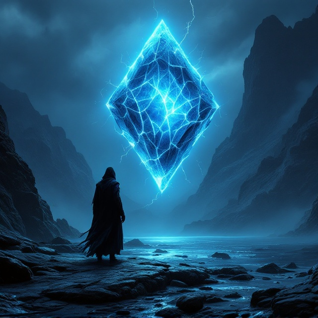 A shadowy figure in a dark, tattered cloak stands on a rugged, convoluted shoreline. They are positioned slightly off-center to the left, their silhouette backlit by the pulsating, fractured crystal levitating above. The massive crystal dominates the upper center of the composition, glowing with an ethereal blue-white light. Jagged beams of energy radiate outward to pierce through the heavy, swirling storm clouds — the lightning crackles faintly in wild arcs around it. The rocky foreground is textured with wet, shimmering reflections from the blackened water nearby. The misty mountain range in the distance is partially obscured by dark fog lit faintly by the glowing crystal, grounding the atmosphere in an ancient, chilling mystique.