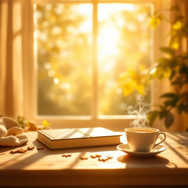 A soft, glowing sunlight filters through a large window, casting warm beams over a cozy wooden table. On the table sits an elegantly designed puzzle book, a steaming cup of tea, and a few scattered puzzle pieces. The background is slightly blurred, creating a dreamy, serene atmosphere dominated by bright yellow tones complemented with warm earthy hues.