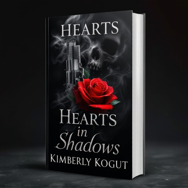 A dramatic black smoky background with a faint outline of a red rose entangled with a silver gun barrel. A shadowy skull faintly blends into the smoke near the top center. The rose has dew glistening subtly, and the gun's metallic sheen reflects light faintly for a sense of danger yet allure. The elements are balanced to create a dark, forbidden vibe.