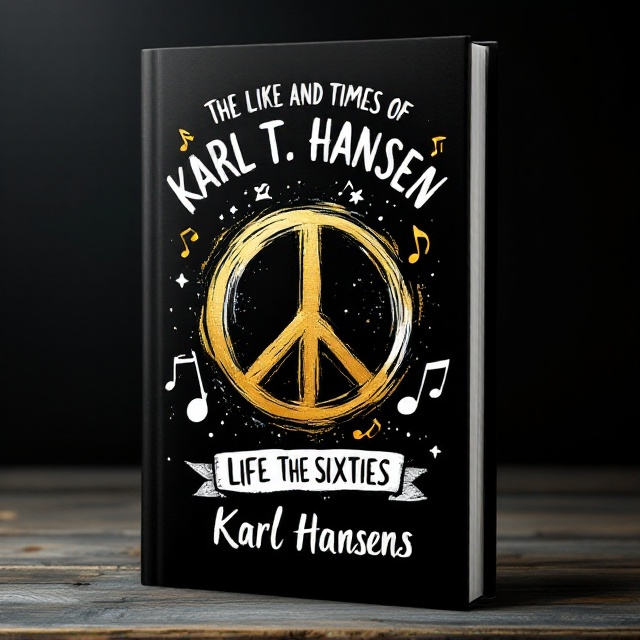 A black background dominates the design, evoking both mystery and the rebellious vibe of the sixties. Centered is a bold, hand-drawn peace sign in metallic gold and white brushstroke-style paint, symbolizing freedom and counterculture. Inside the peace sign is a minimalist, circular insignia of the Greek letters ΔΞ (Delta Xi) sketched in a slightly distressed type for authenticity. Behind the peace sign, faint, translucent shapes of music notes and an electric guitar subtly emerge, enhancing the rock-and-roll feel. The title spans the upper section in bold lettering, and the author’s name “Karl Hansen” is placed at the bottom, slightly curved under the peace sign like a banner.
