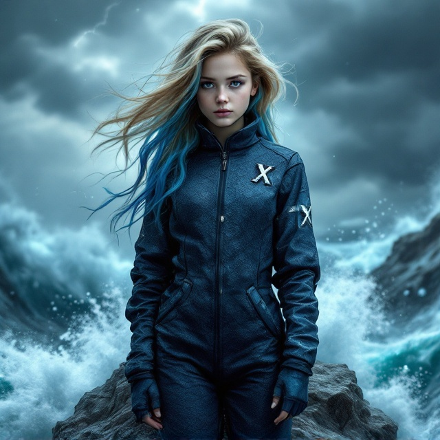 A teenage girl is centered on the cover. Her blonde hair with a bold blue streak flows dramatically, as though caught by the stormy winds behind her. Her ocean-themed dystopian jumpsuit is textured with faint scales and a gradient of deep blues and teals. A distinct metallic "X" is embossed on the upper right corner of her suit, catching light subtly. Fierce and proud, the girl stands firm on a craggy rock with tumultuous waves crashing around her. The stormy sky above is layered with threatening dark gray clouds tinged with streaks of lightning and glimpses of an eerie icy blue glow. The ocean beneath her has an apocalyptic aura, with the water appearing almost too wild to comprehend.