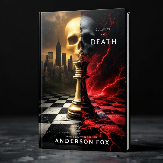 A dramatic chessboard dominates the center of the cover. On the left stands a gleaming gold king piece on a spotless black-and-gold side of the board, representing builders and success. On the right, the cracked chessboard reveals shattered pieces amidst dark red streaks representing destruction and killers. Above the board, a faint overlay of a skull emerges subtly from the shadows, blending into the dark background. At the top, a thriving city skyline rises into a golden glow. Below, a crumbling, derelict corporation fades into dark red cracks. The "Private Equity of Death" title is positioned in the center, balanced between light (gold) and shadow (red).