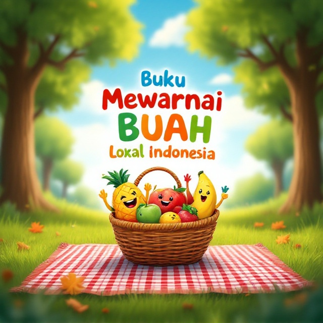 A vibrant fruit basket filled with colorful, smiling fruit characters (e.g., pineapple, mango, banana) with animated hands and feet, cheering joyfully. The basket is placed on a gingham-patterned picnic rug set atop a lush grassy ground. Surrounding the picnic scene are tall, friendly trees with green canopies, scattered fallen leaves, and a bright blue sky with sunshine and fluffy white clouds in the background.