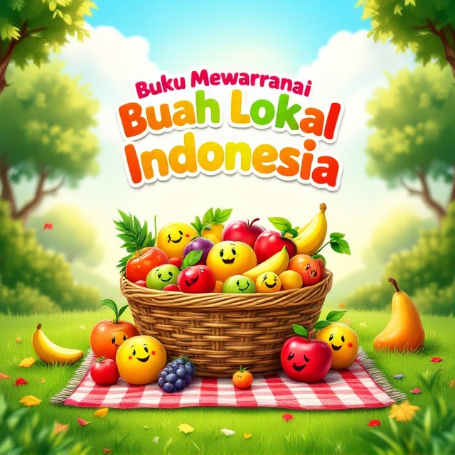 A lively scene featuring a cheerful fruit basket overloaded with colorful, smiling fruits sitting on a brightly checkered picnic rug. Surrounding the basket is a vibrant grassy ground with scattered leaves and trees adorned with lush green canopies. The background incorporates a softly lit sky with puffy white clouds, while the fruits on the grass appear to be joyfully "playing" around the picnic rug. Some fruits are shown bouncing or laughing, adding a playful touch. The entire scene radiates happiness and freshness, catering to a child's imagination.