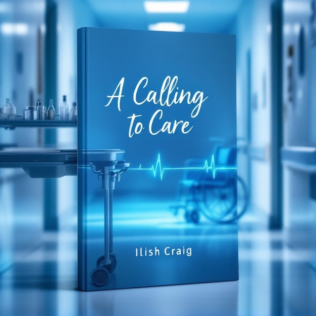 A serene hospital corridor bathed in soft blue light serves as the background, evoking a sense of quiet reflection. In the foreground, a medical tray with neatly arranged tools sits prominently on one side, while an empty wheelchair faces outward on the other, symbolizing care and loss. Shadows and soft gradients emphasize the sense of depth and contemplation. A delicate overlay of a heartbeat line lightly stretches across the top portion of the cover, fading into the blue hues, subtly tying in the medical theme with emotional undertones.