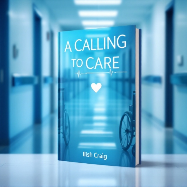 The cover depicts a hospital corridor drenched in a serene blue hue, giving it a reflective and calming atmosphere. The corridor's walls gently fade into a gradient of soft blues and whites, symbolizing hope and serenity. On the left foreground, there is a polished medical tray with essential tools carefully arranged. To the right, an empty wheelchair faces outward as if it’s ready for its next patient, hinting at themes of both care and departure. At the top, a faint but recognizable heartbeat line stretches across, subtly blending with the soft colors, adding the emotional undertone of connection, love, and resilience.