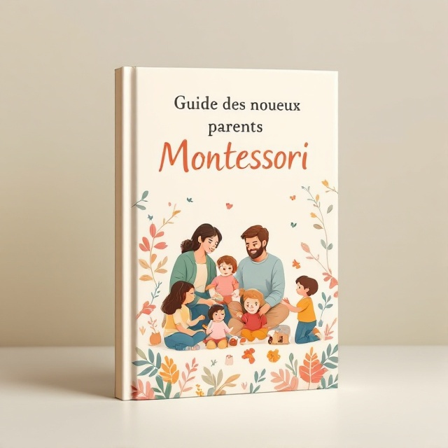 The cover features a heartwarming illustration of a diverse family engaging in Montessori activities, surrounded by nature-inspired elements like leaves and small animals. The background is a calming pastel color that evokes a sense of peace and nurturing.
