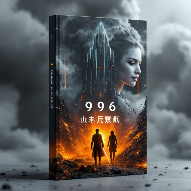 The cover is split into two distinct color tones the upper half in dark steel grey with neon accents symbolizing the chaotic and high-tech workplace of the "996" culture, and the bottom half in glowing fiery orange, representing rebellion and transformation. At the center, 鹿未央 is depicted boldly—confidently grinning with a slight smirk, her posture defiant as she holds a USB drive glowing faintly in one hand and a shimmering jade pendant in the other. Beside her, 萧夜寒 stands stoically with a sword glinting in sharp metallic detail, his presence cold and protective. Behind them, the imposing 天枢大楼 rises in a cyberpunk-like structure but is enveloped in a dense and billowing cloud of smoke, with fragments crumbling and falling, highlighting its destruction. Faint streaks of digital glitches and sparks run through the composition, adding an edgy, dystopian flair.