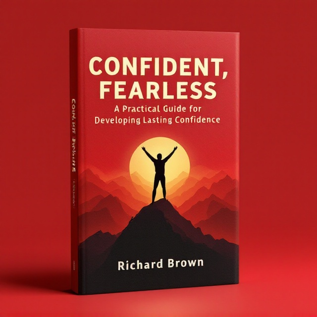 A bold, fearless red background with a central silhouette of a person standing atop a peak, arms stretched outward in victory, surrounded by faint golden rays emitting confidence and glow. The silhouette is minimalistic, symbolizing strength and achievement. The title is prominently placed, creating an empowering visual effect. Subtle textures of a mountain range are faintly visible in the background, fading smoothly into the red.