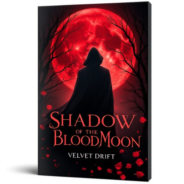 A shadowy silhouette of a vampire stands against a massive red blood moon, partially obscured by mist. The vampire figure exudes mystery but also allure, with their dark cloak billowing slightly. Behind the blood moon, faint but sharp branches of a barren tree trail faintly into the black night sky. There’s a subtle glow around the vampire figure to give it an ethereal effect, surrounded with faint red rose petals drifting against the darkness.
