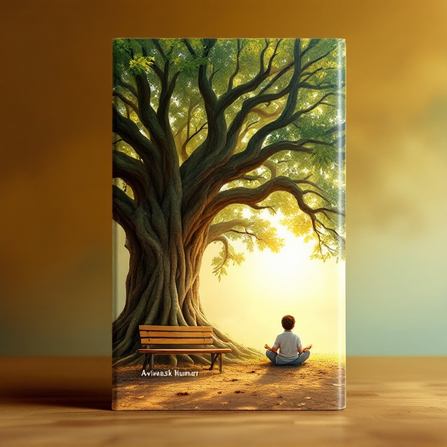 A serene scene of a large Banyan tree with sprawling roots and branches dominating the cover. Under its shade, there's an empty wooden bench on the left, symbolizing rest and reflection. To the right, an innocent child sits cross-legged, meditating with soft rays of light filtering in through the leaves. The background transitions from a warm yellow-orange gradient near the ground to a calming bluish-white in the upper sky. Faint touches of a musical staff or soft musical notes surround the child and gently blend into the surroundings.