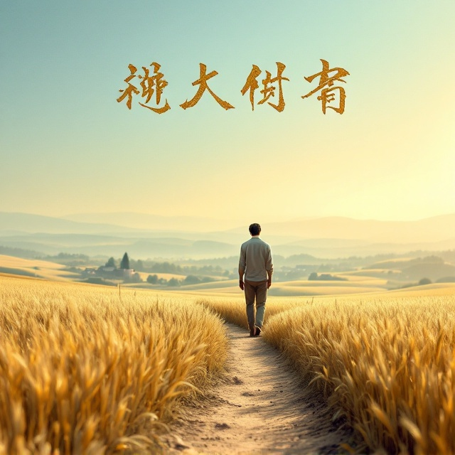 A panoramic view of a vast countryside landscape stretches across the book cover. In the foreground, a small dirt path winds through golden wheat fields that shine under gentle sunlight. The distant horizon features a humble rural village with scattered houses set against rolling hills, subtly draped in a soft haze to suggest the passing of time. Above, the sky transitions from serene blue to a faint orange hue, symbolizing hope and growth. A silhouette of a lone figure walking on the path, slightly bowed but determined, anchors the viewer's focus and resonates with themes of perseverance and struggle.