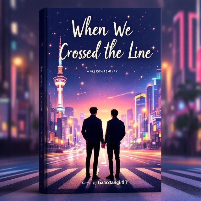 A dramatic illustration of two young men standing beneath the glowing, colorful lights of Seoul at night. The cityscape is highlighted with iconic elements like the Namsan Tower, neon-lit signs, and blurred traffic trails. The two figures are captured in silhouette standing on a symbolic pedestrian crosswalk, their postures open yet slightly vulnerable to suggest romance and emotional connection. Soft gradients of pink, lavender, and warm golden hues blend in the background, evoking feelings of hope and passion. Subtle nods to K-pop are integrated with light sparkles resembling stage lighting or concert effects.