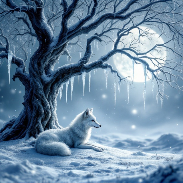 A large, ancient willow tree with icy branches dominates the cover, its tendrils spreading dreamily across the top and sides. The tree sits on a snow-blanketed ground bathed in an ethereal glow that suggests a wintry, magical setting. An arctic fox with piercing, luminescent eyes is nestled under the tree in soft snow, exuding serenity and mystery. Snow flurries float in the air, adding depth, while a full moon casts a pale light that enhances the dreamlike and ominous atmosphere.